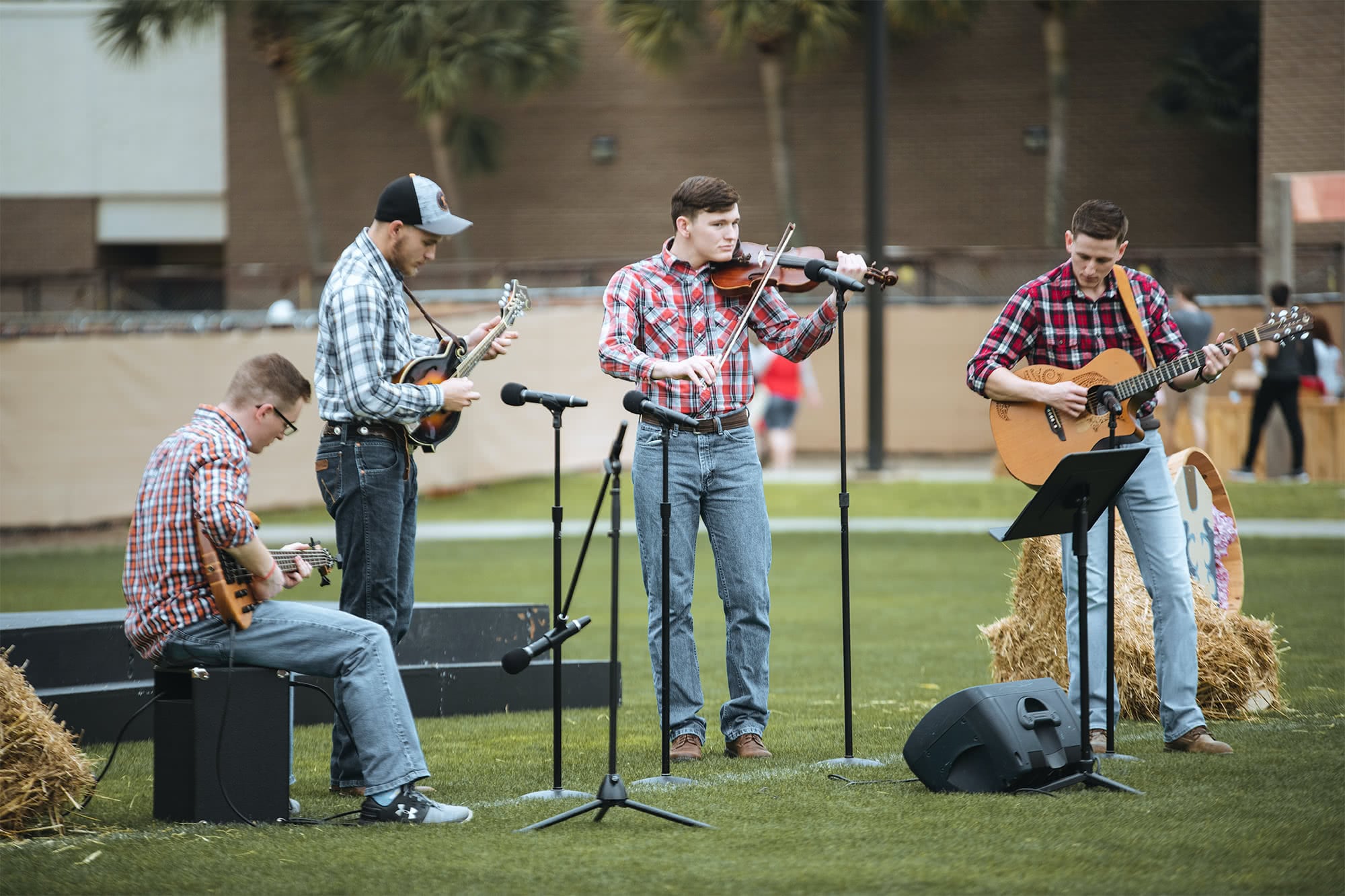 Four PCC men playing string instruments during the Bible Conference picnic. 