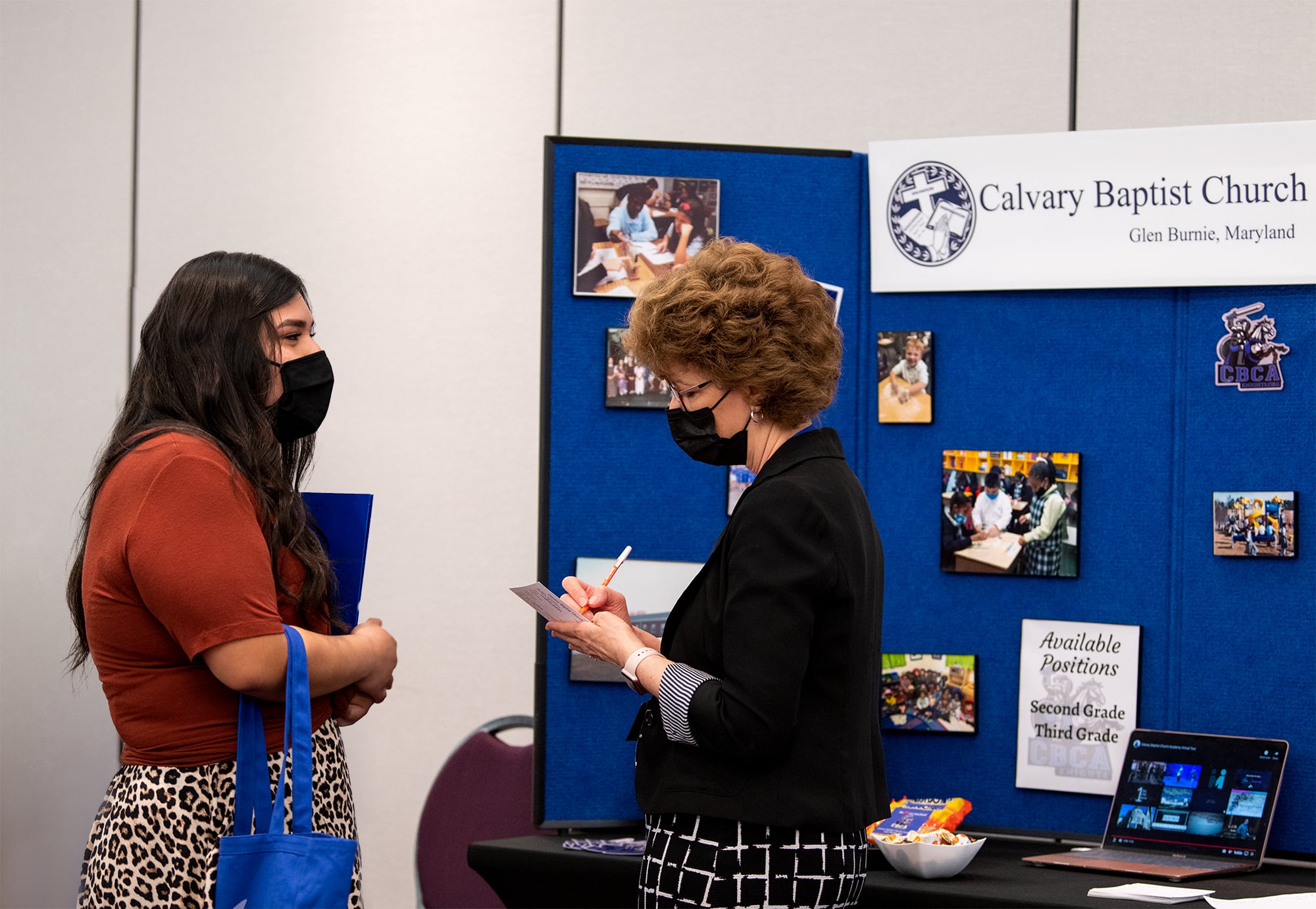 Female student meets with recruiter from Calvary Baptist Church