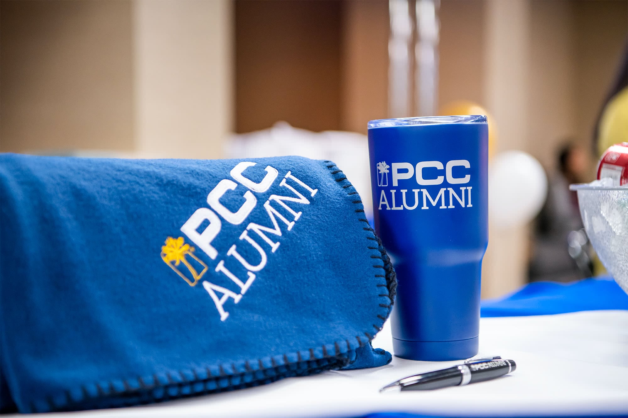 PCC Alumni branded blanket and thermos. 