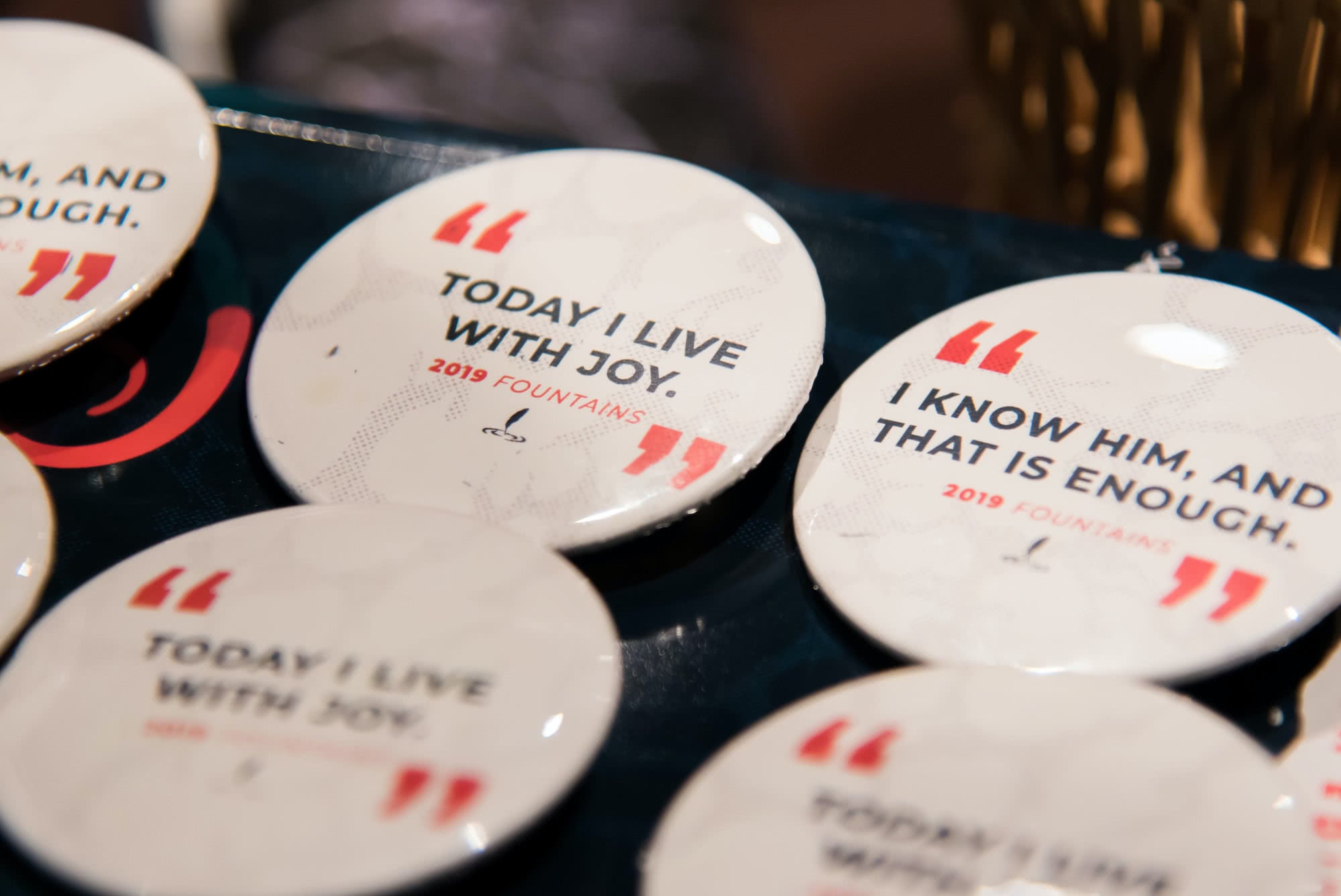 "Today I Live With Joy" Fountains 2019 buttons. 