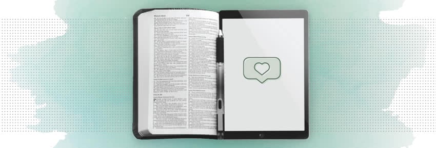 A graphic of a Bible and tablet
