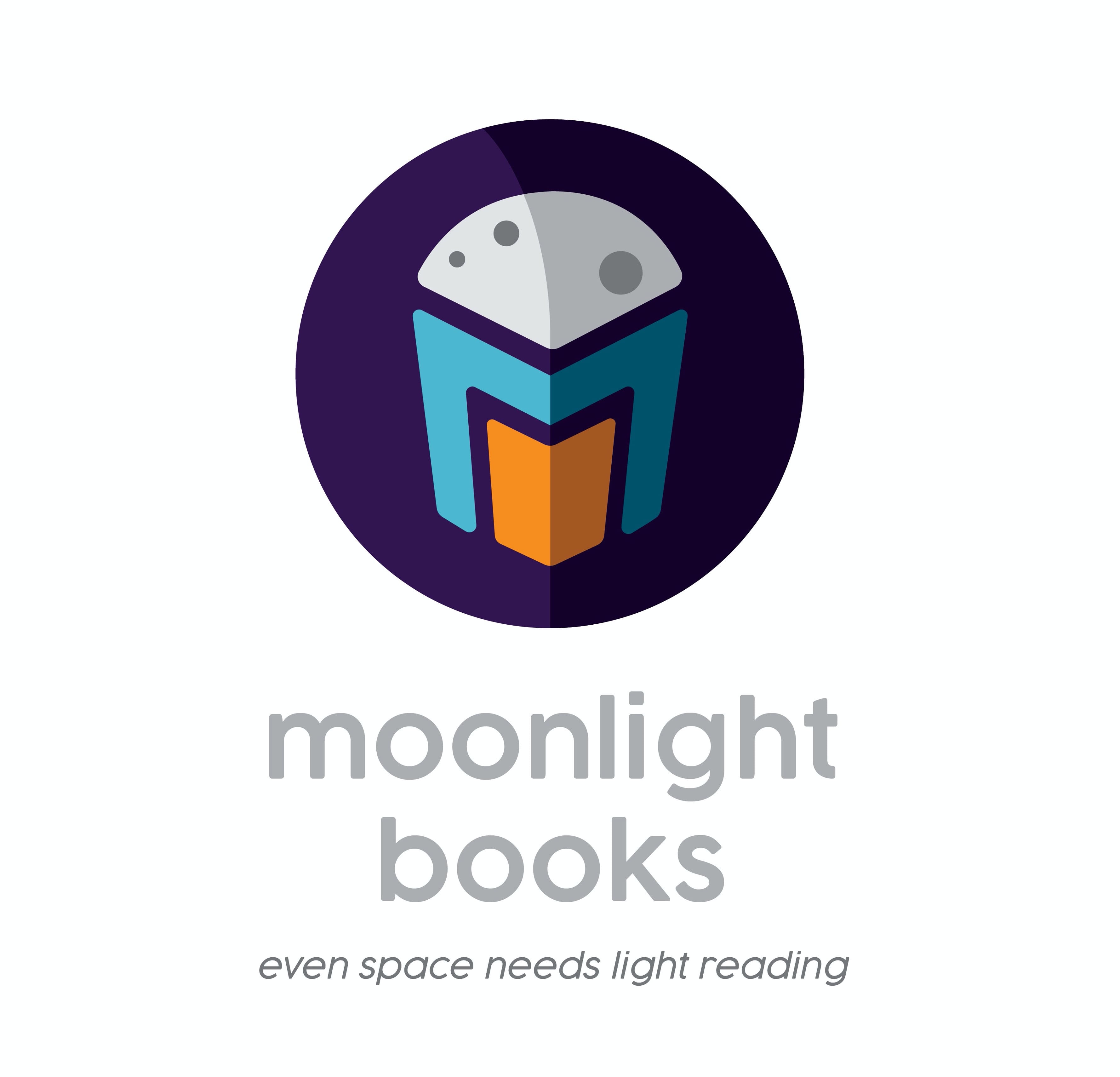 ADDY award winner Karina Cavett's logo, Moonlight Books, is a graphic of the moon peaking over a little bookstore, it also looks like the moon is reading