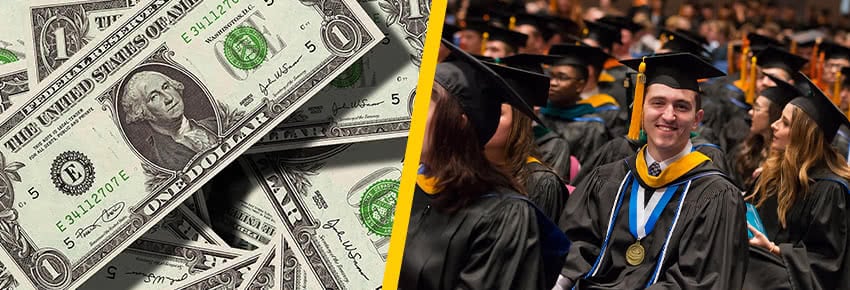 Money image on left and photo of graduates on right. 