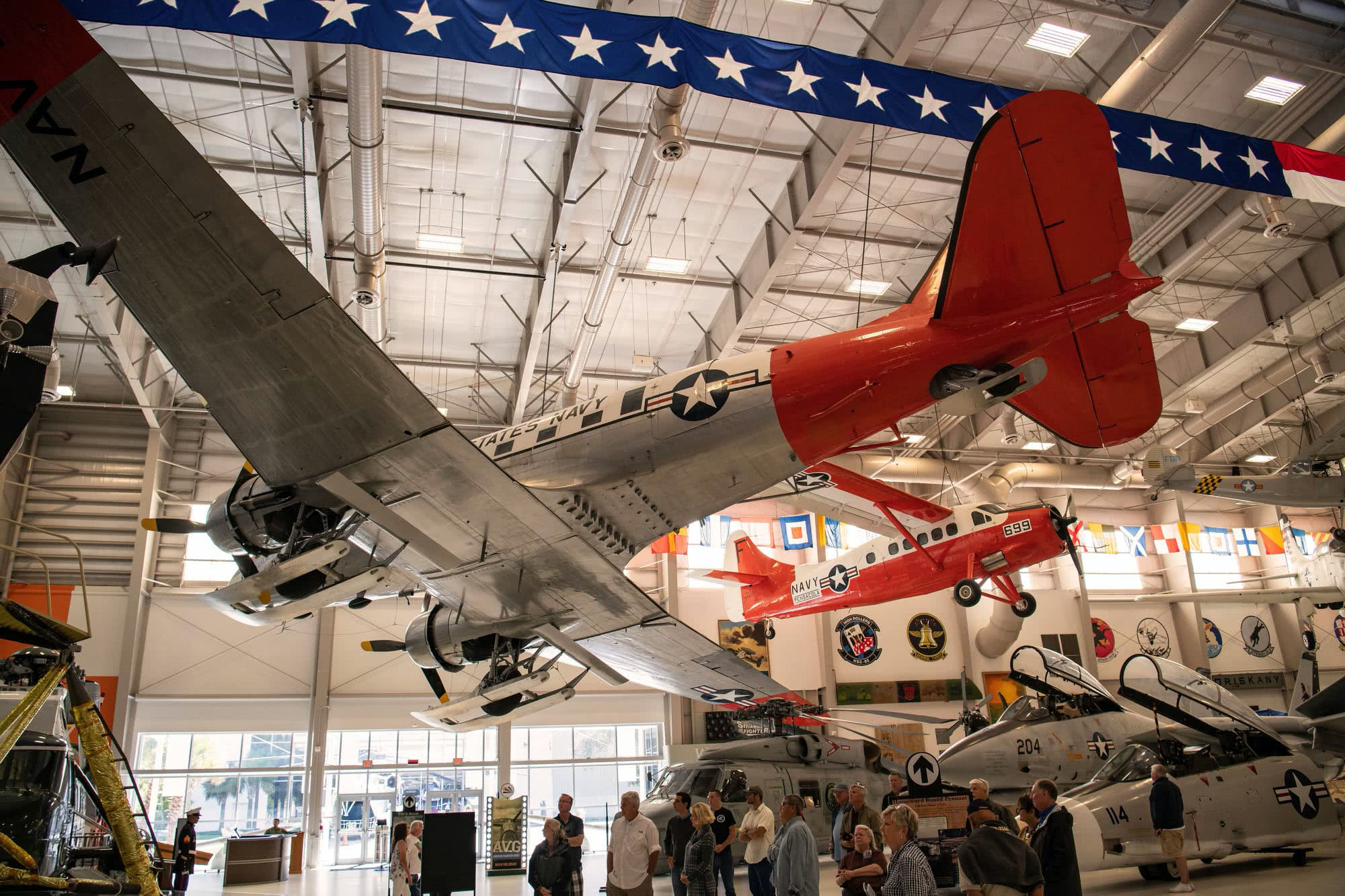 Ground-view of a plane at the Naval Aviation Museum. 