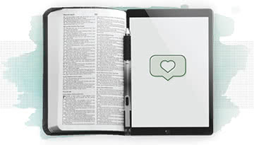 A graphic of a Bible and tablet