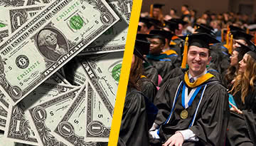 Money image on left and photo of graduates on right.