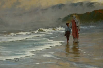 Painting of a mother and son walking on the beach.